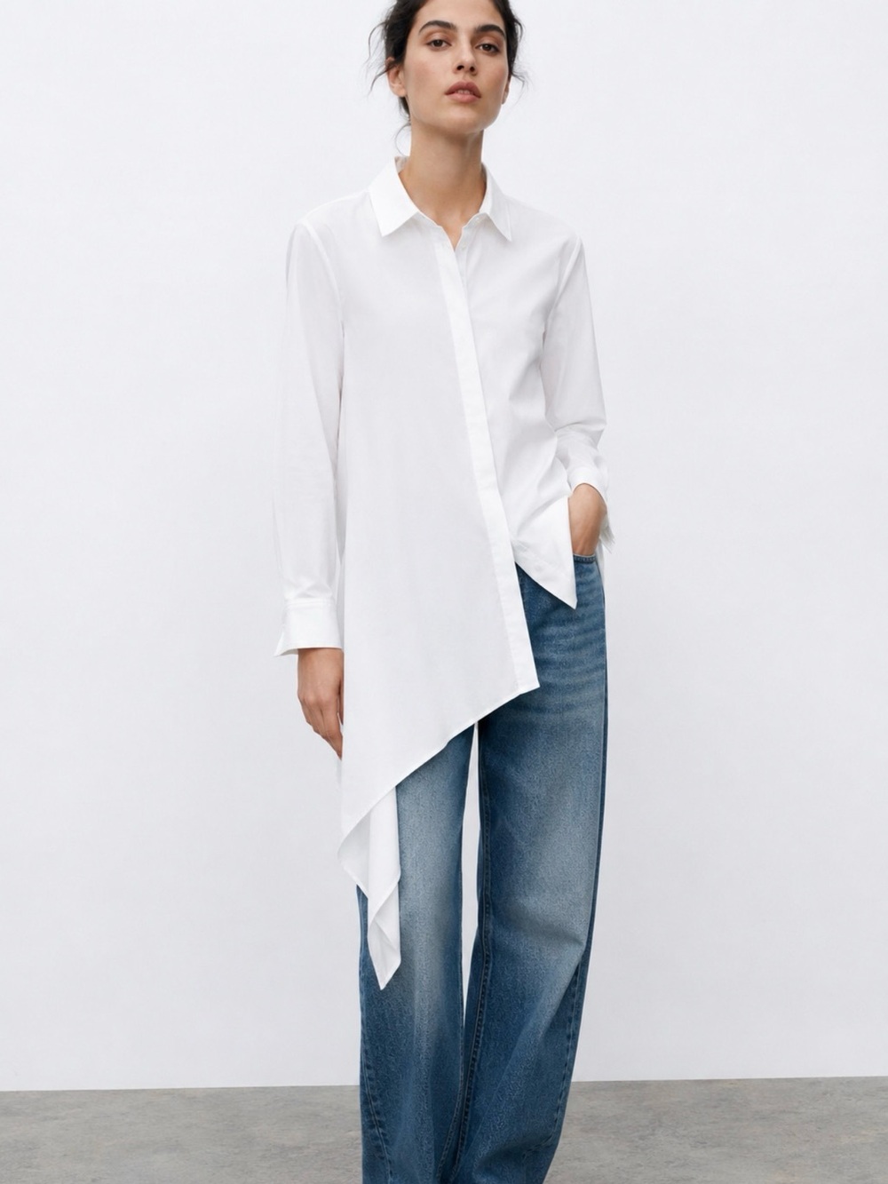 Zara White Asymmetric Button Down Blouse